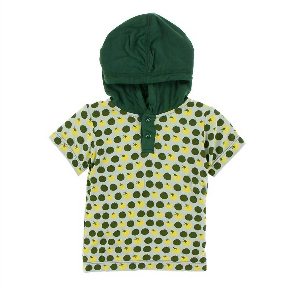 NEW KICKEE kids' bamboo print short sleeve hoodie tee in aloe tomatoes